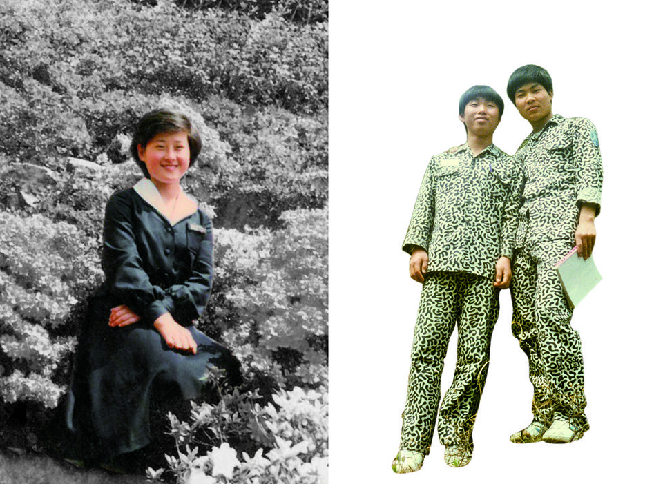 (좌)1982년 여수여자고 교복. 흰색 윙칼라 블라우스에 검정 플레어 치마 (우)교련과목이 있던 시절엔  교련복을 교복처럼 입었다. 1982년 고등학교 남학생